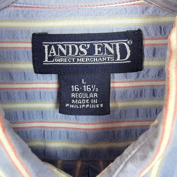Lands' End Blue Stripes Crepe Textured Cotton Button Long Sleeves Shirt Size L - Picture 9 of 11